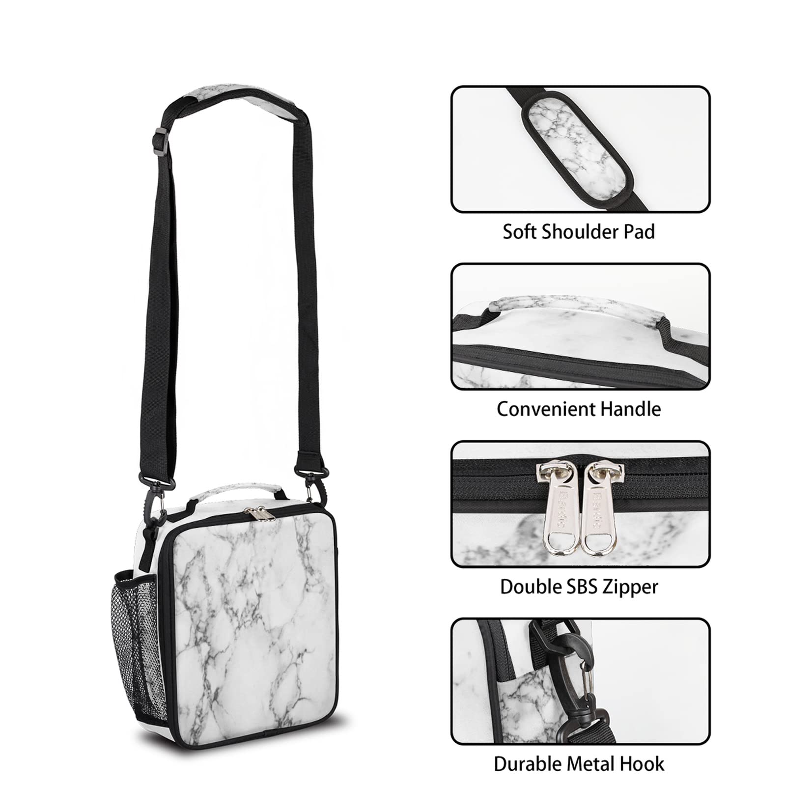 AUUXVA Insulated Lunch Bag - Geometric Grey Marble Neoprene Lunch Box with Zipper for Adults & Kids | Perfect for School, Work, Picnics, Camping & Travel