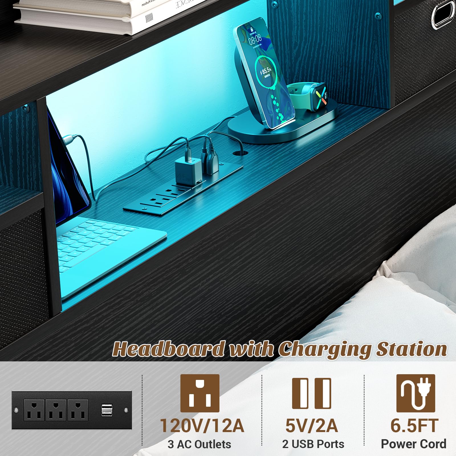 Full Size Headboard with Storage Drawers & LED Lights - Wooden Headboard for Full Bed with Power Outlet & Bookshelf - Sturdy Bed Frame for Bedroom, Dorm, Guest Room (Black) - Perfect for Small Spaces & Nighttime Reading