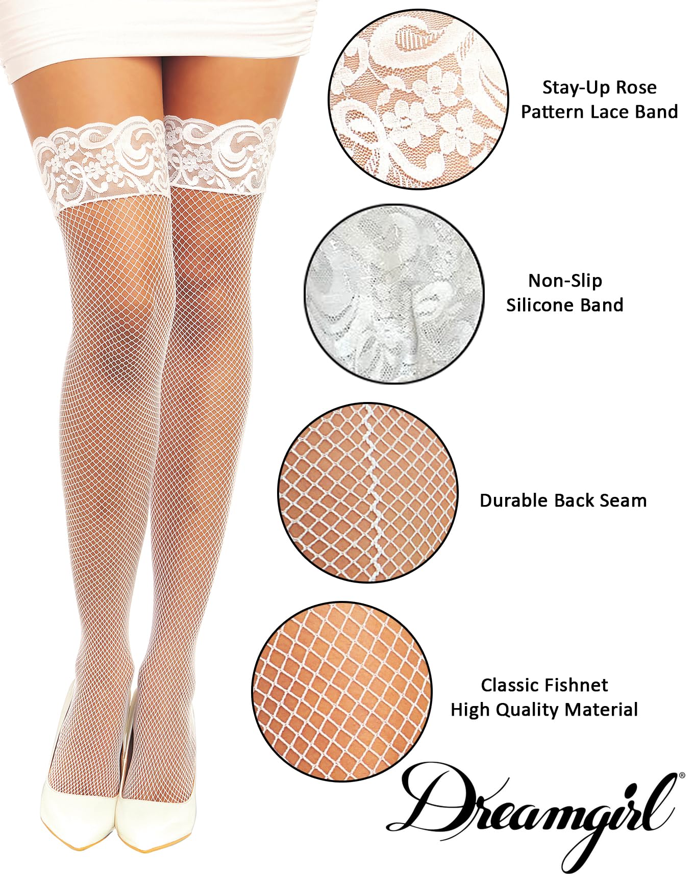 Dreamgirl Women's Fishnet Thigh High Stockings with Silicone Lace Top & Back Seam - Sexy Lingerie for Cosplay, Halloween & Boudoir Photography
