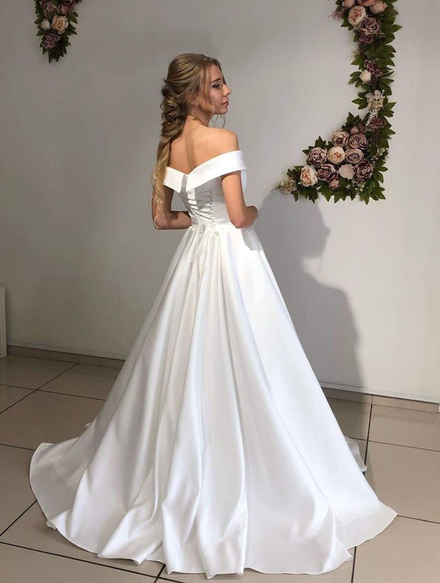 Elegant Ivory Satin Off Shoulder Wedding Dress for Women - A-Line Long Prom Gown for Bridal, Formal Events & Special Occasions