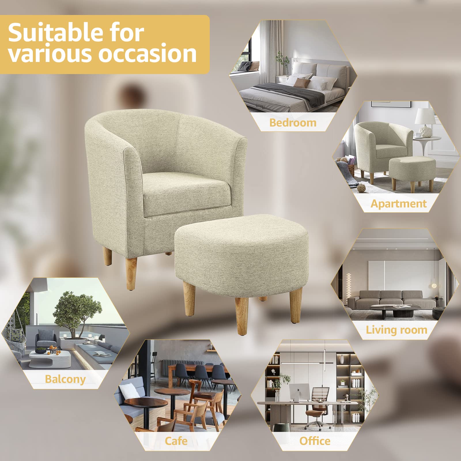 Mid Century Modern Accent Chair with Ottoman - Barrel Club Tub Sofa for Living Room & Bedroom, Upholstered Comfy Armchair & Footrest Set (Beige, Set of 1) - Perfect for Reading Nook, Lounge & Home Decor