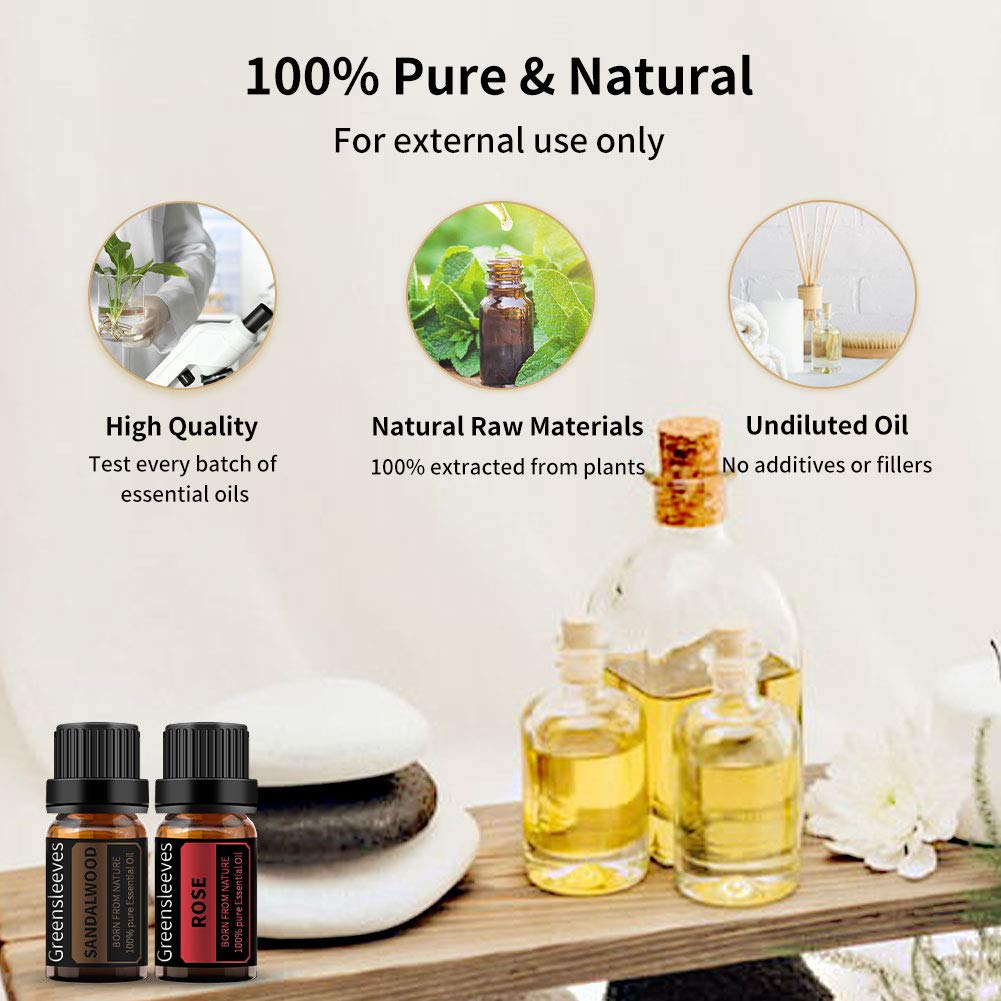 GREENSLEEVES 100% Pure Rose & Sandalwood Essential Oil Set - 2 x 10ml Aromatherapy Oils for Diffusers, Humidifiers, Massage | Relaxation, Stress Relief & Home Fragrance