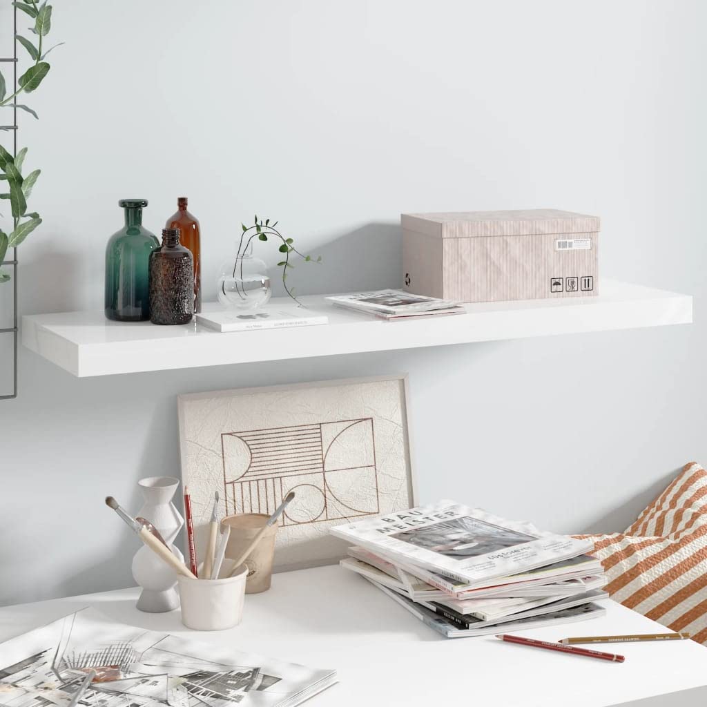 Floating Wall Shelf - High Gloss White MDF Display Shelf 35.4