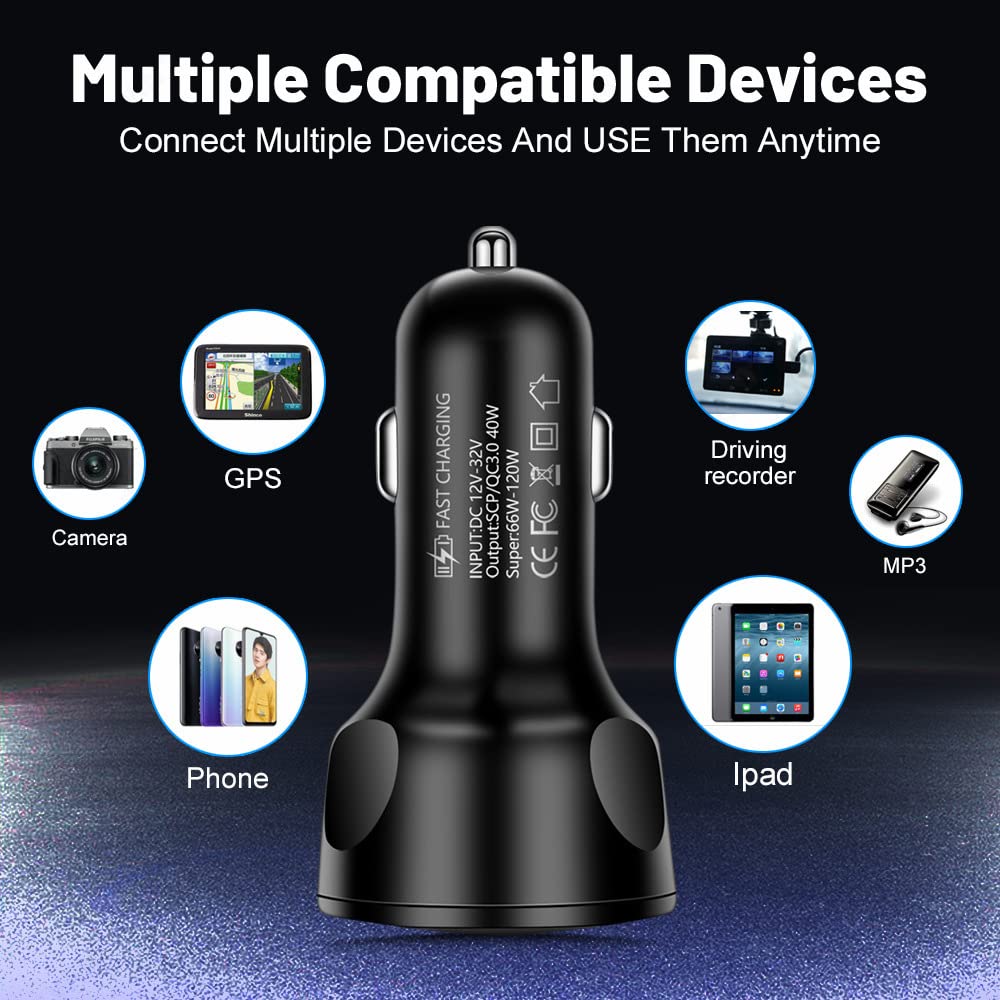66W Super Fast Car Charger with SCP/QC3.0 Technology - Dual USB Cigarette Lighter Charger with Voltage Detection - Compatible with iPhone 14 Pro Max/13, MacBook Pro, iPad Pro, Nintendo Switch, Galaxy S22/S21 - Perfect for Road Trips & Daily Commutes