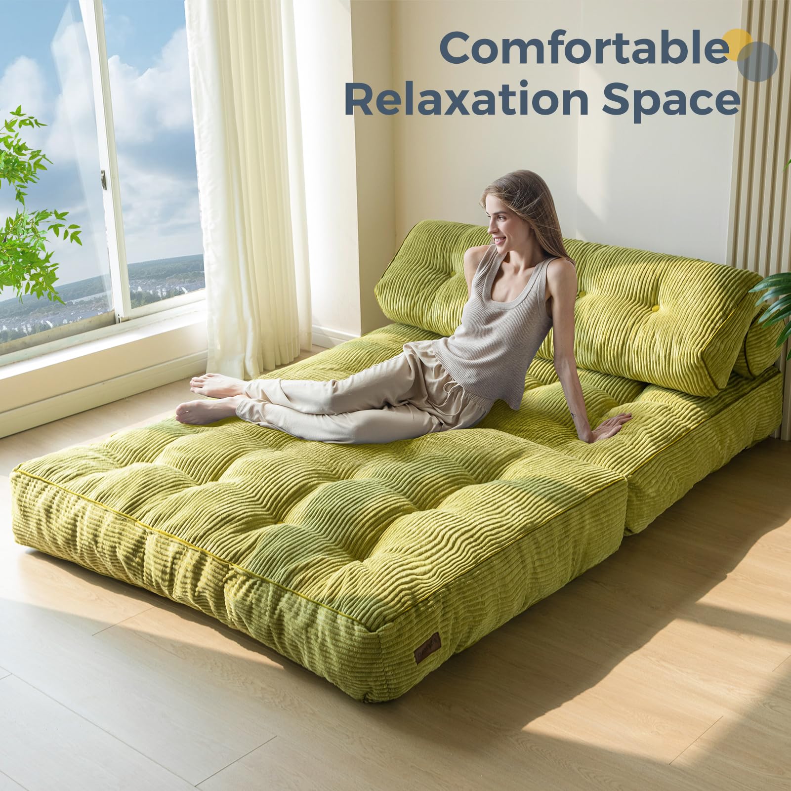 MAXYOYO Convertible Folding Sofa Bed - Double Size Sleeper Chair with Pillow & Back Support, Foldable Mattress for Small Spaces (Green) - Perfect for Guest Room, Studio Apartments & Living Room Lounging
