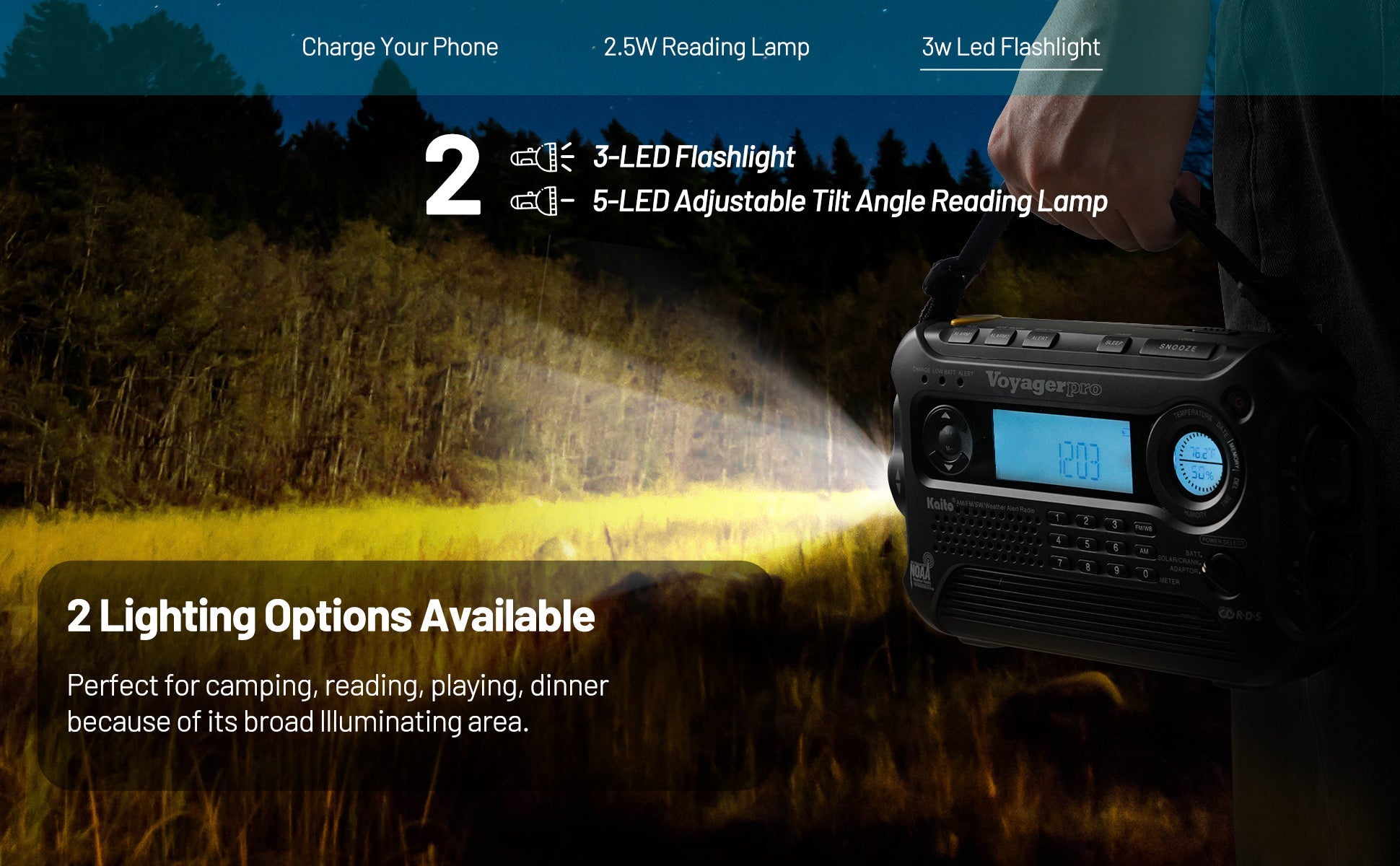 Kaito Voyager Pro KA600 Digital Solar Hand Crank Emergency Radio - AM/FM/LW/SW/NOAA Weather Band with Flashlight & USB Charger - Perfect for Camping, Hiking & Emergency Preparedness