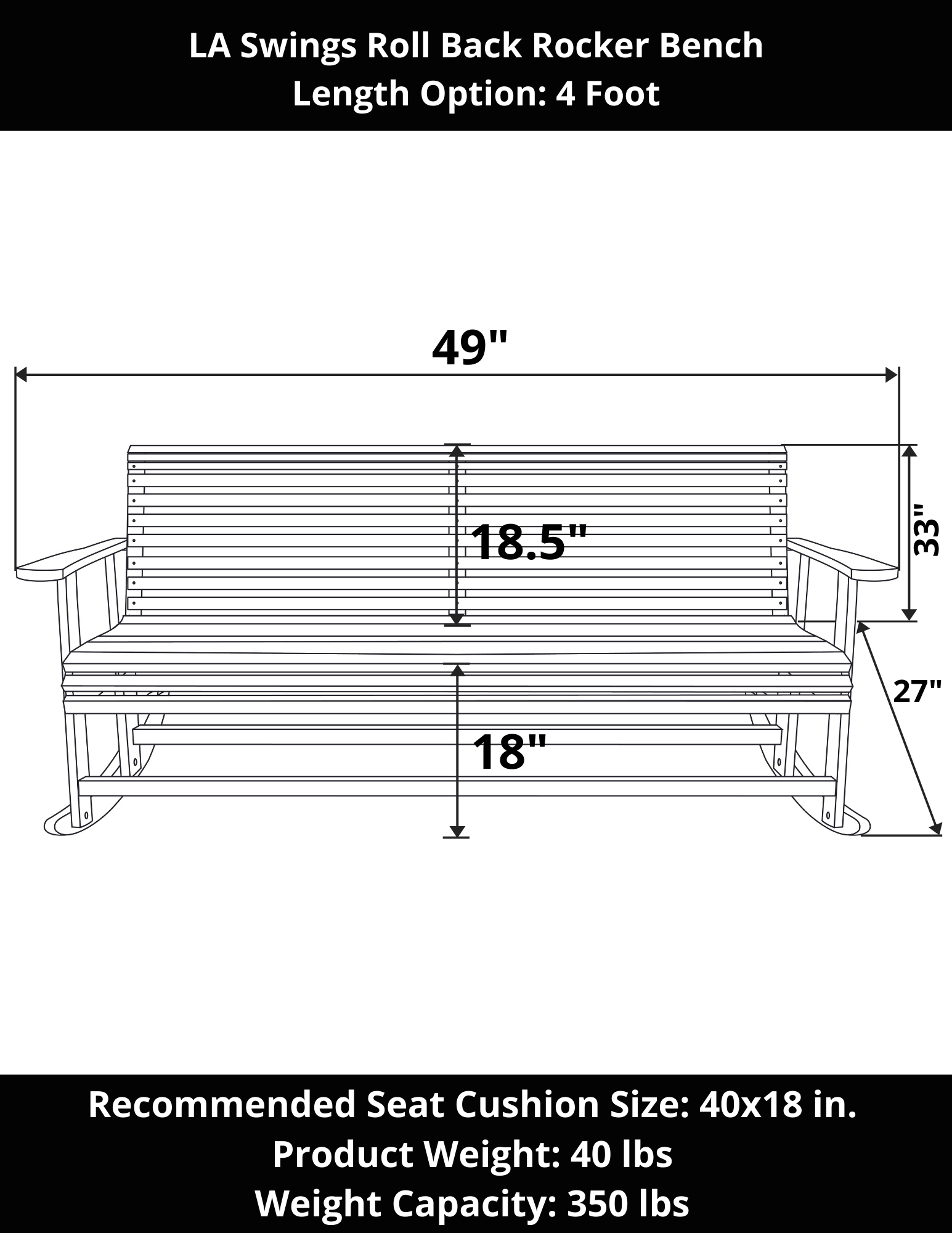 LA Swings Roll Back Outdoor Rocking Bench - Durable Patio Swing Chair for Garden, Porch & Backyard Relaxation | Perfect for Lounging, Reading & Enjoying Nature