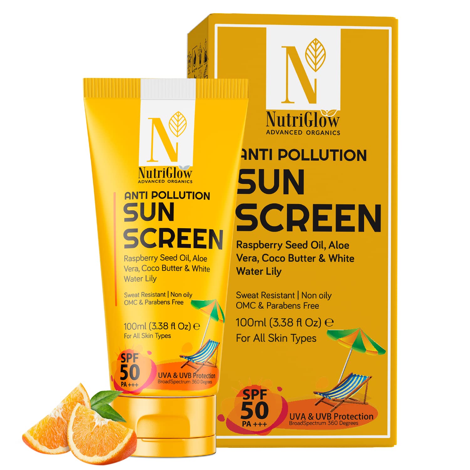 NutriGlow Advanced Organics Anti Pollution Sunscreen SPF 50 - Natural Aloe Vera, Cocoa Butter, White Water Lily & Raspberry Seed Oil - UVA/UVB Protection for All Skin Types - 100ml - Perfect for Daily Use, Outdoor Activities & Sensitive Skin Care