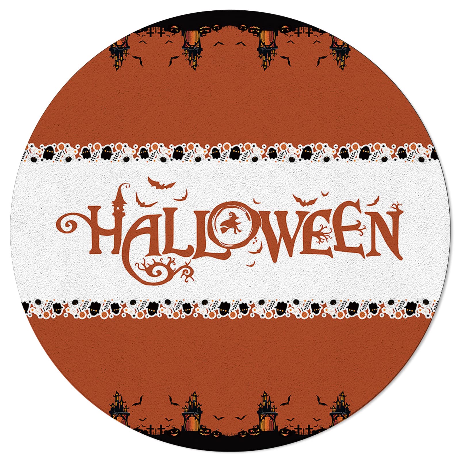 6FT Halloween Round Area Rug - Orange Black Haunted House Ghost Pumpkin Bat Design | Washable Indoor/Outdoor Rug for Living Room, Classroom, Kitchen, Bath, Desk & Door Mat | Perfect for Spooky Decor, Welcome Mats & Seasonal Home Decor