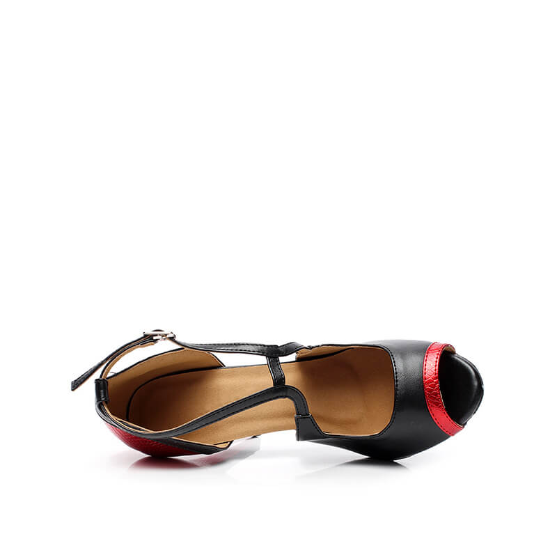 Black & Red Leather Latin Dance Shoes with 8.5cm Heel & Straps - Perfect for Salsa, Tango, Ballroom & Social Dancing
