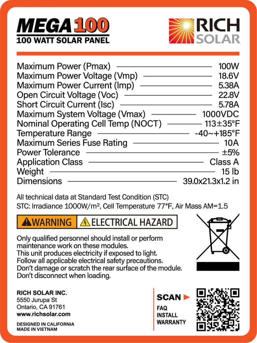 Rich Solar MEGA 100 Watt Monocrystalline Solar Panel - High Efficiency 12V Solar Panel for RV, Boat, Off-Grid & Home Use - Weather Resistant Solar Charging Solution