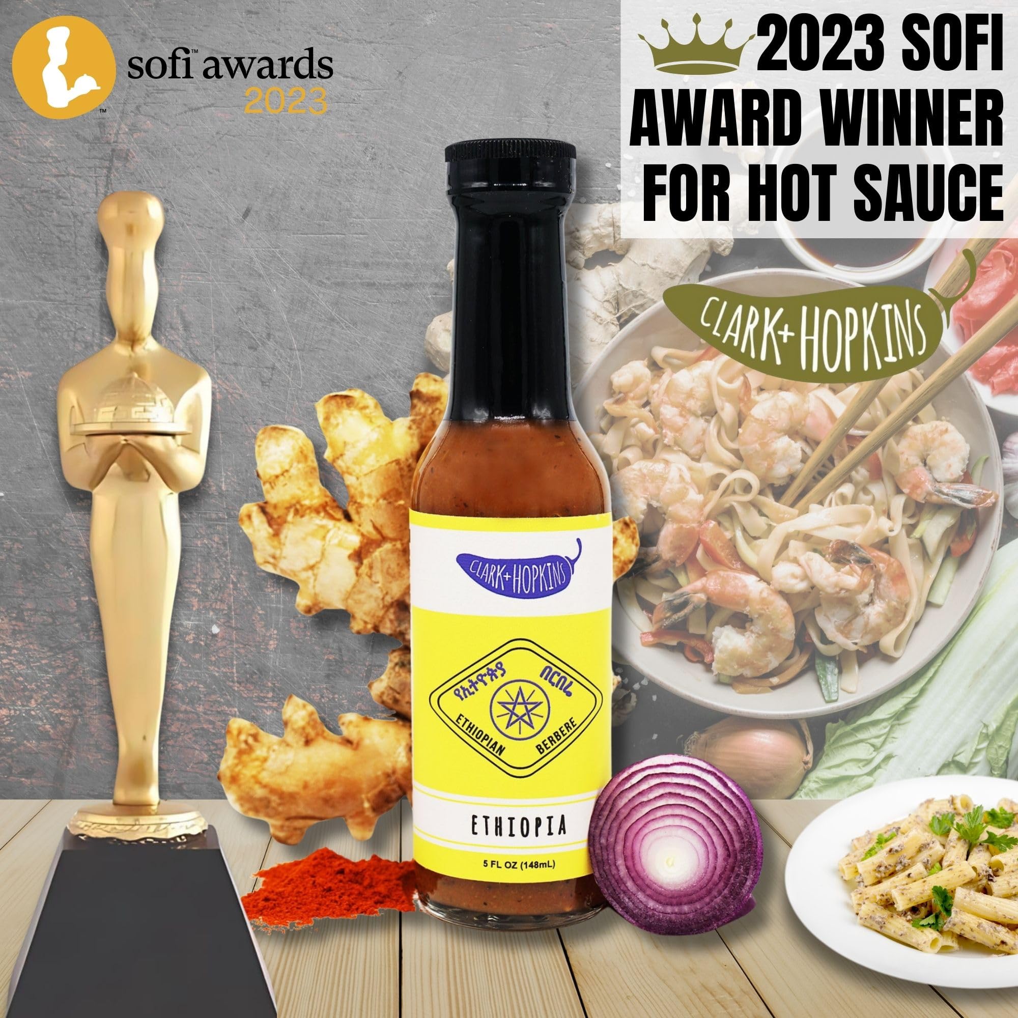 Clark + Hopkins Ethiopia Pepper Sauce - Berbere, Habanero & Ginger Flavored Hot Sauce for East African Cuisine | Medium Heat 5oz Bottle | Perfect for Grilling, Stews & Spicy Food Lovers