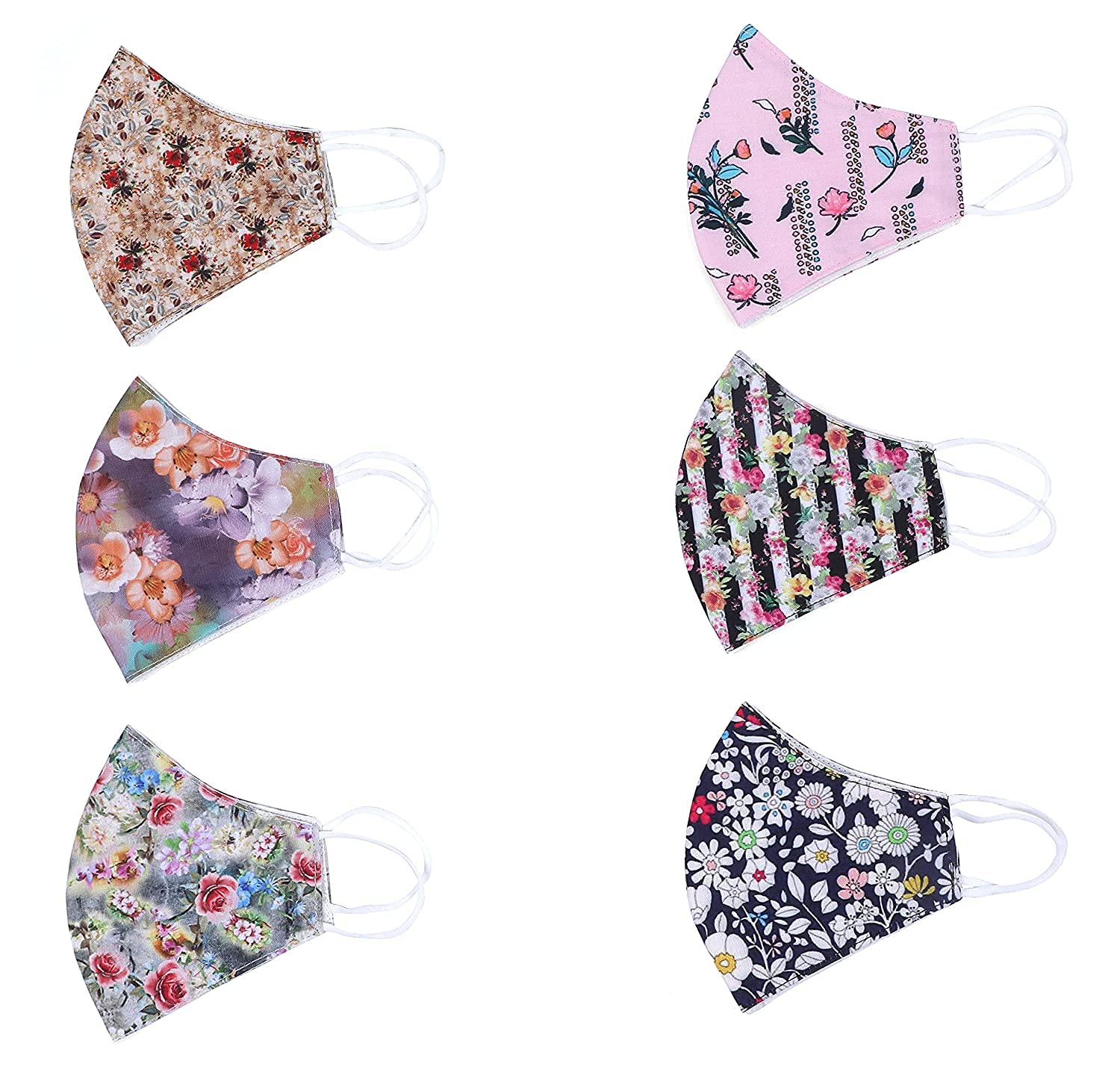 KIDINGTON 6 Pack Reusable Cotton Face Masks for Adults - Adjustable, Washable, Breathable with Floral Design - Perfect for Daily Use, Travel, and Outdoor Activities