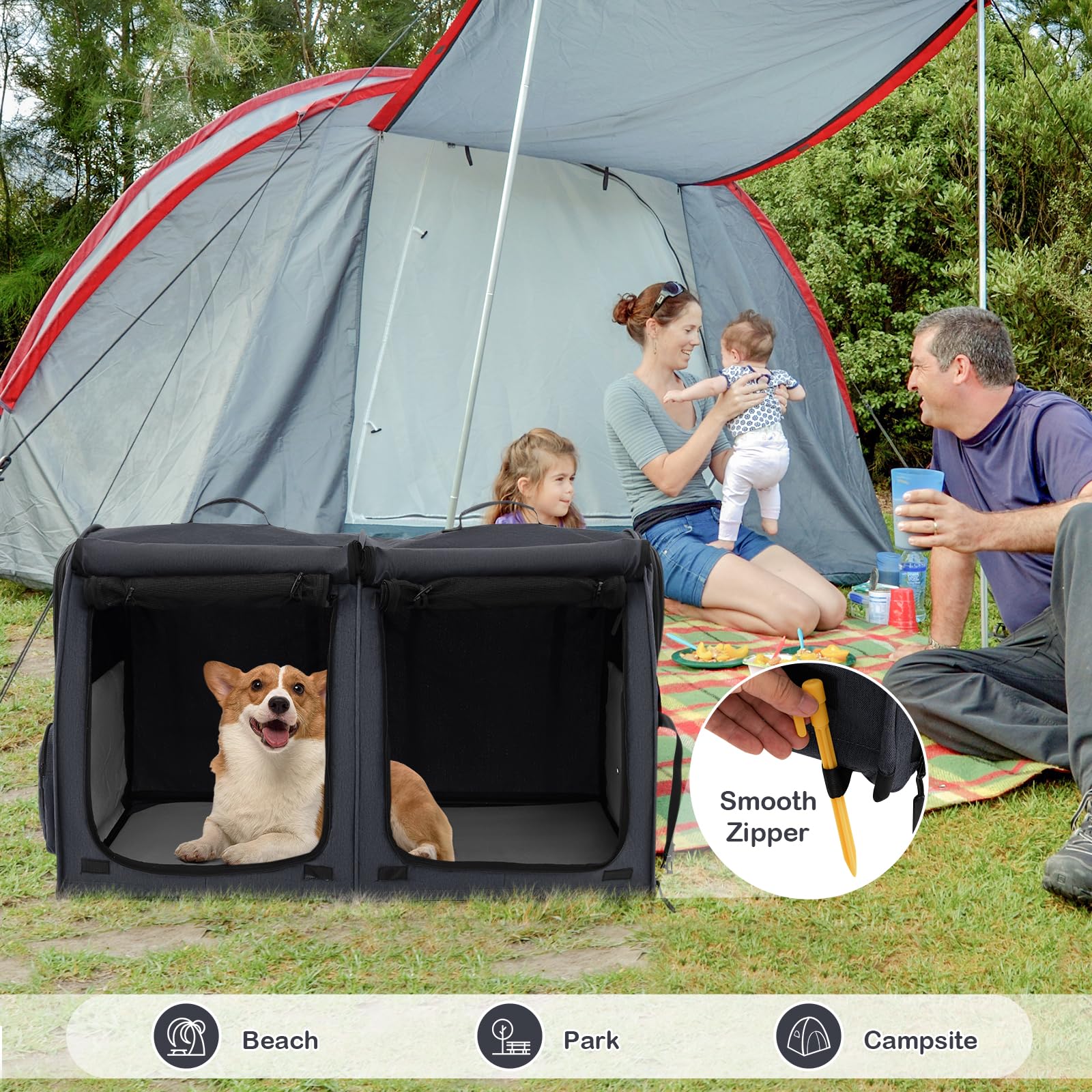 **40 Inch Large Cat Carrier with Double Compartments - Portable Soft-Sided Pet Kennel for Cats & Small Dogs, Includes 2 Removable Hammocks, Dual-use Mats & Litter Box, Carry Bag & Ground Stakes (Black) - Perfect for Travel, Vet Visits & Outdoor Adventures**