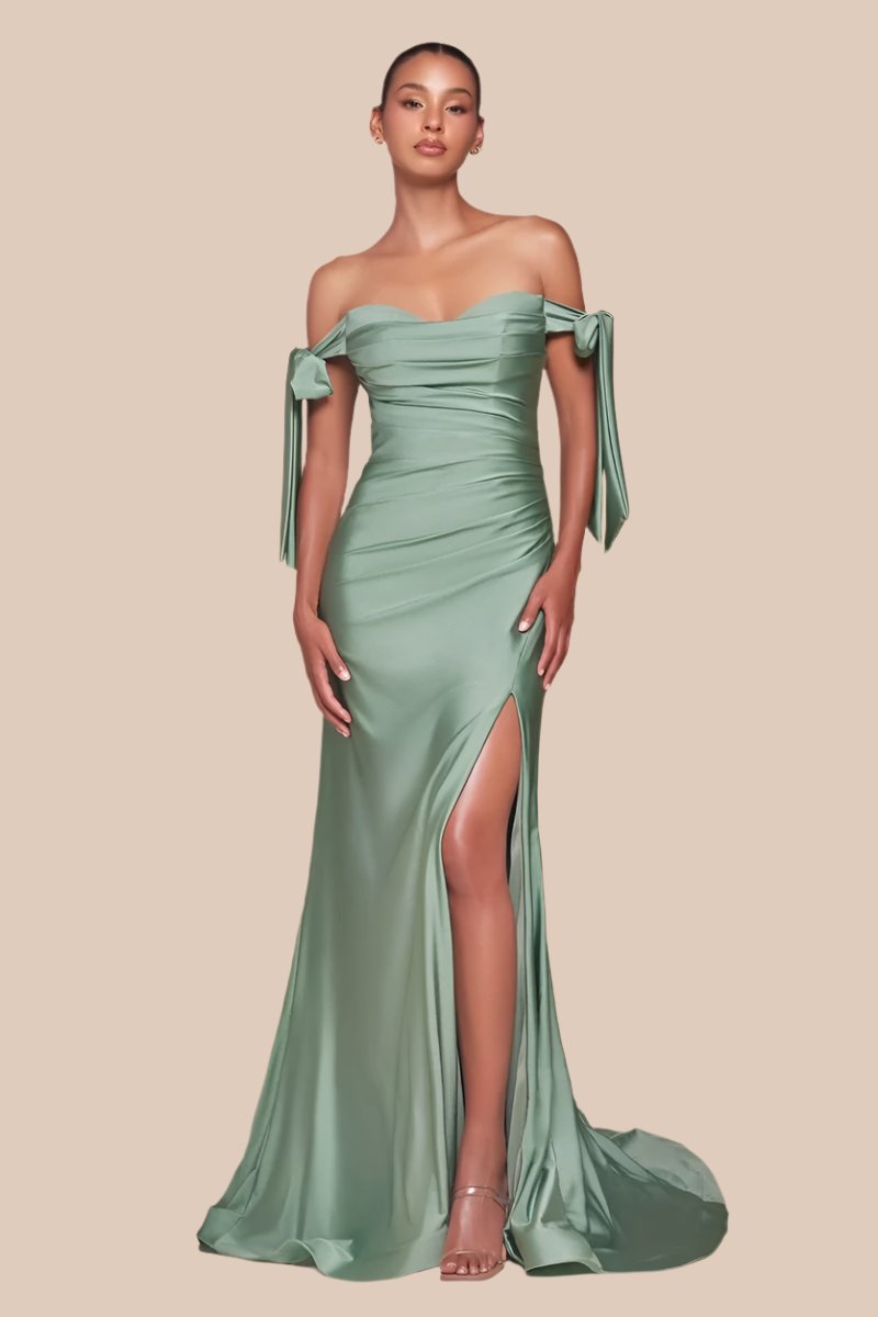 Elegant Dark Sage Off Shoulder Stretch Spandex Satin Dress with Ties - Sexy Amber Gown for Evening Parties, Prom & Special Occasions