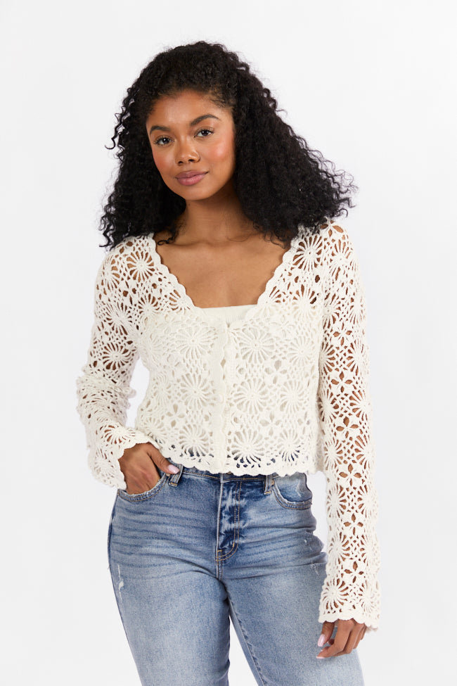 Elegant Ivory Crochet Cardigan for Women - Long Sleeve Lace Knit Sweater | Perfect for Weddings, Date Nights & Fall Layering