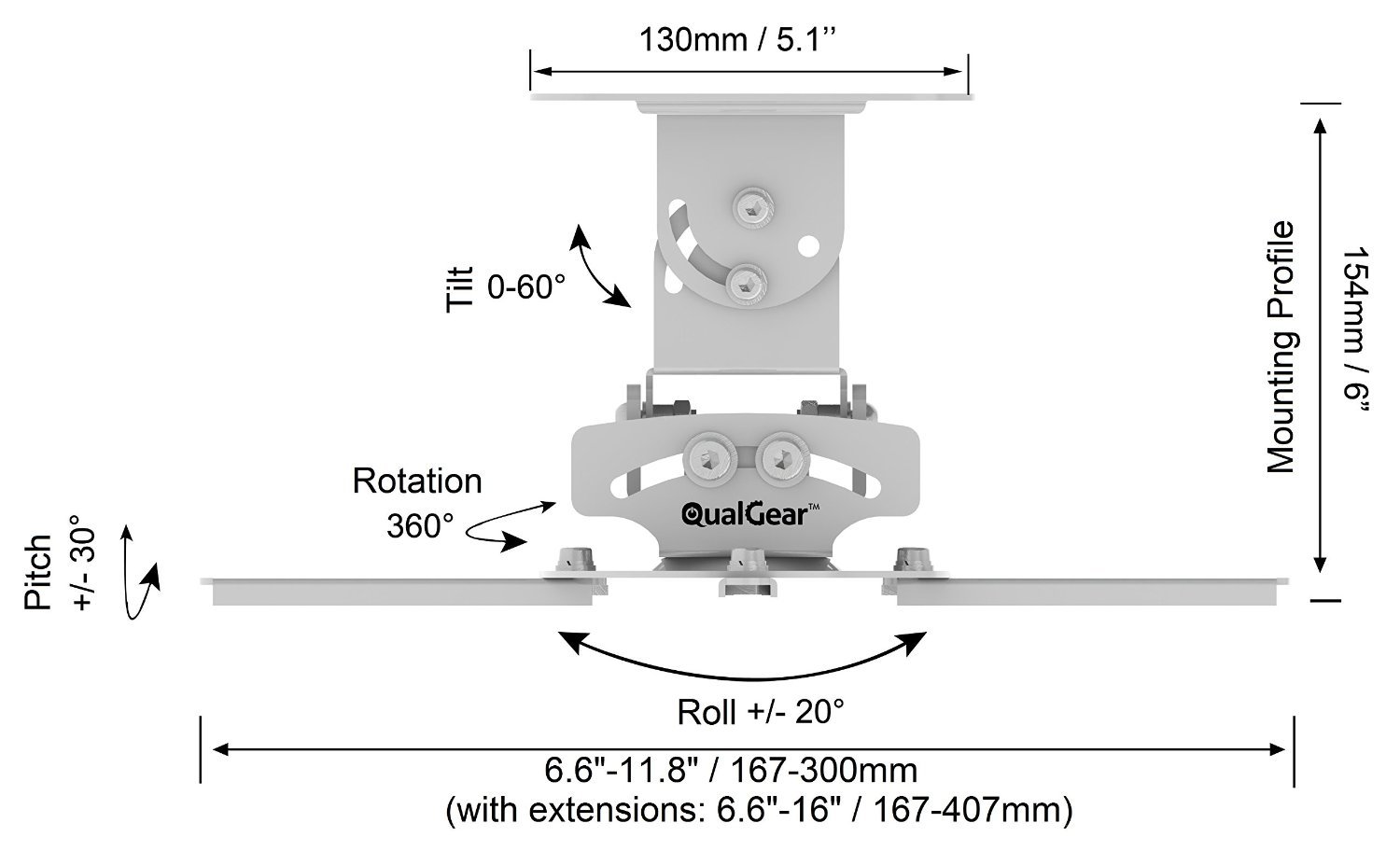 QualGear PRB-717-Wht Universal Ceiling Mount Bracket for Projectors - Secure Installation for Home Theater, Classroom & Office Presentations