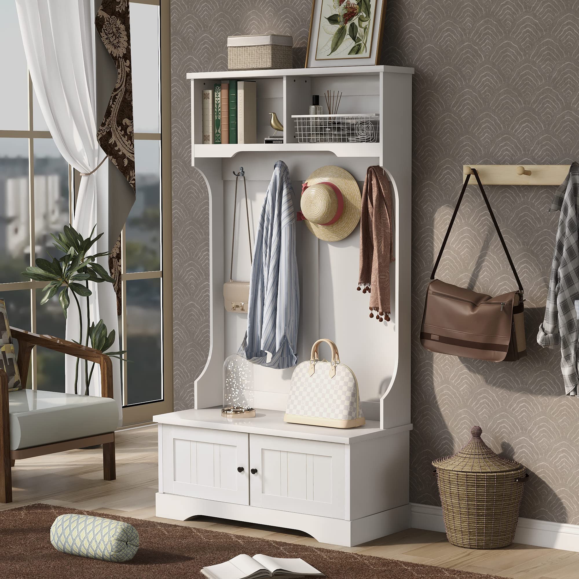 LUMISOL 3-in-1 Hall Tree with Entryway Storage Bench, Shoe Cabinet with Shelves & 4 Hooks - White | Space Saving Entryway Organizer for Small Homes & Apartments