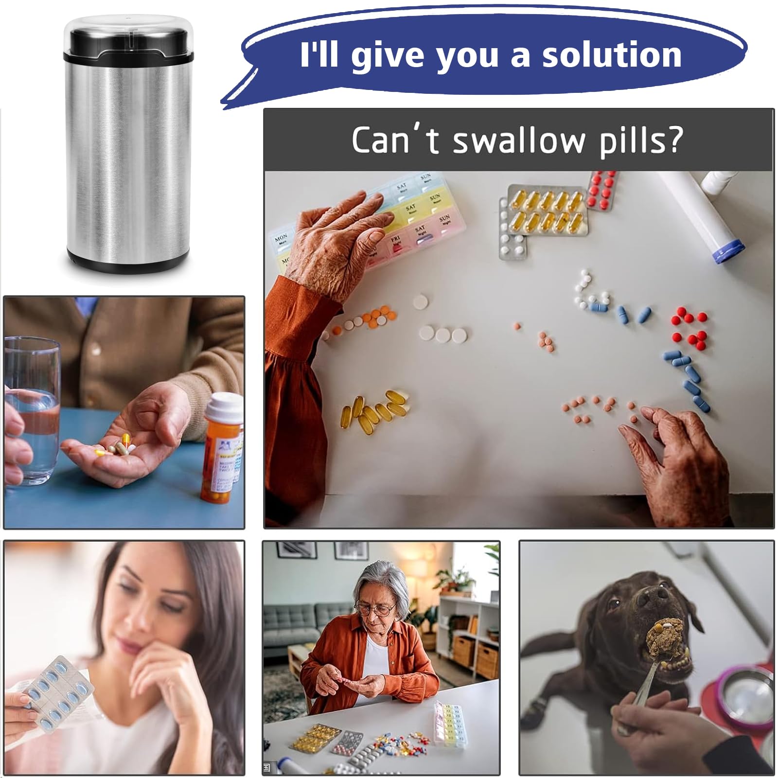 Electric Pill Crusher Grinder - Powerful Medication & Vitamin Tablet Crusher for Small/Large Pills, Fine Powder Grinding - Ideal for Elderly Care, Nursing Homes & Daily Medicine Management (Gray)
