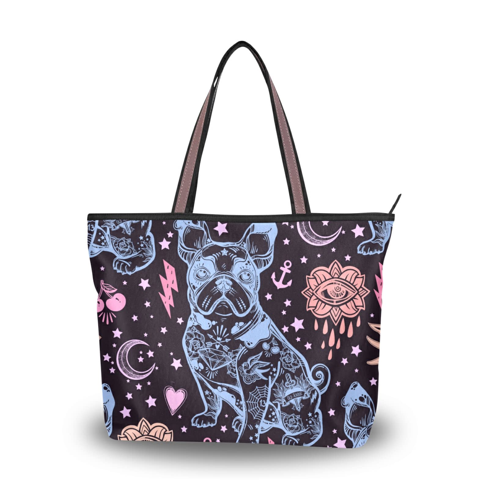 Stylish Blue Bulldog Print Tote Bag for Women - Large Capacity Zipper Grocery Shopping Bag - Durable Reusable Purse for Daily Use (2 Size Options) - Perfect for Work, School, Beach & Shopping Trips