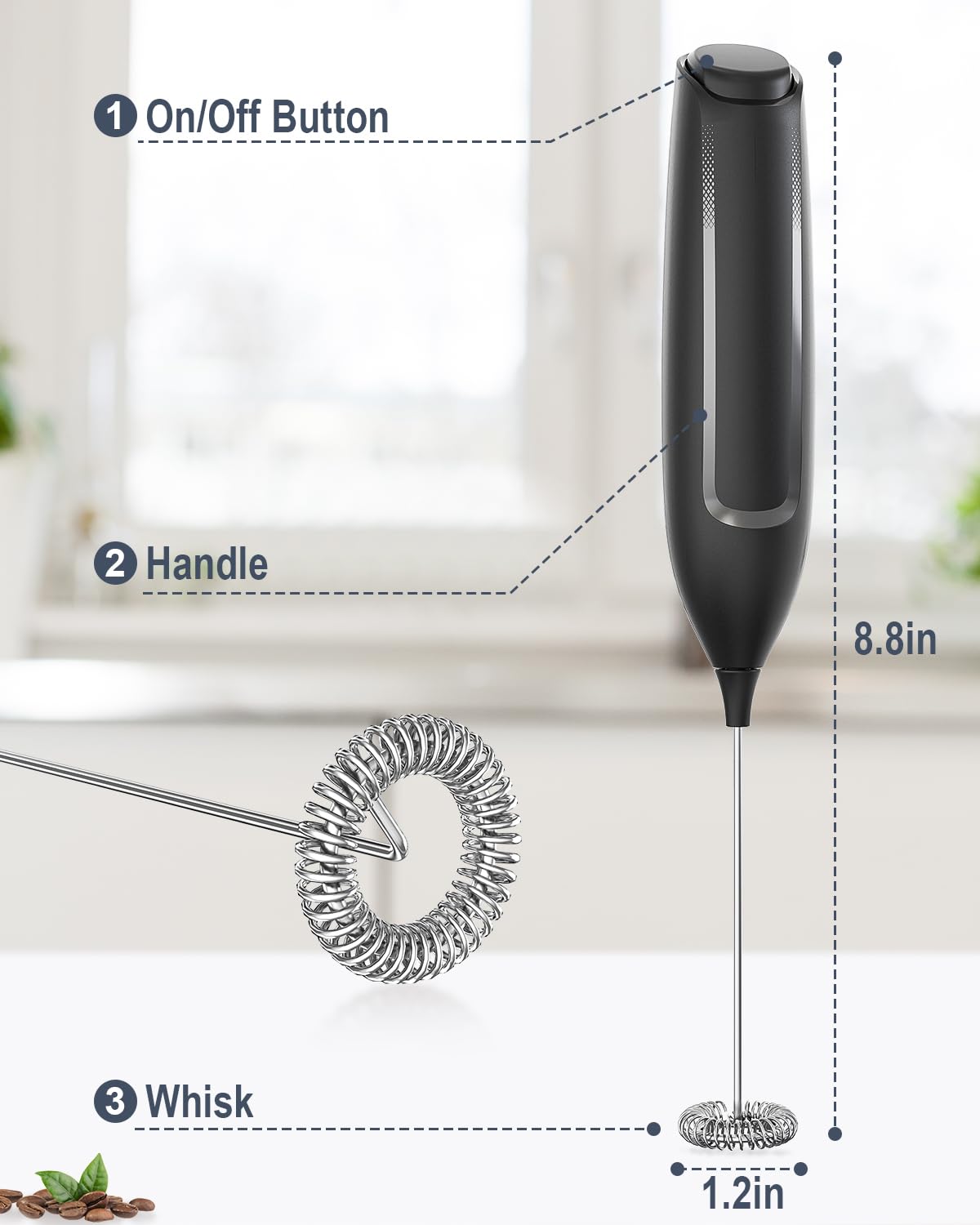 Premium Handheld Milk Frother - Electric Foam Maker with Stainless Steel Whisk for Coffee, Matcha, Lattes & Cappuccino | Battery Powered Drink Mixer | Perfect for Home, Office & Coffee Shops