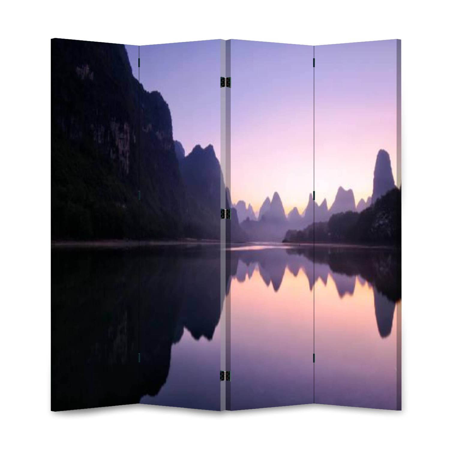 Wooden Folding Room Divider - 4 Panel Mountain Landscape Privacy Screen with Double-Sided Canvas | Foldable Partition Wall for Home Office, Bedroom & Indoor Decor | Guilin Dawn Reflections Design