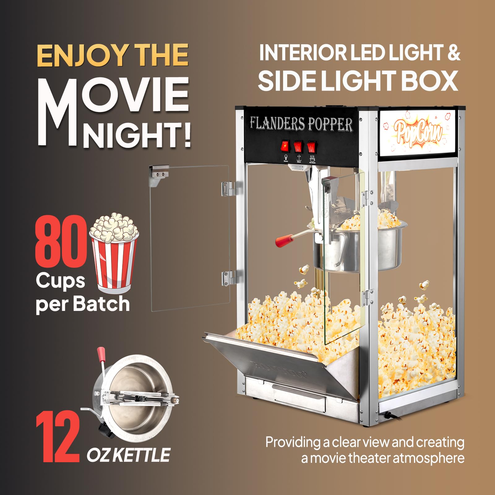 ROVSUN 12oz Commercial Popcorn Machine - Movie Theater Style Countertop Popcorn Maker Makes 80 Cups - Includes Stainless Steel Scoop, Oil Spoon & 3 Popcorn Cups (Black) - Perfect for Home Theater, Parties, Carnivals and Snack Bars