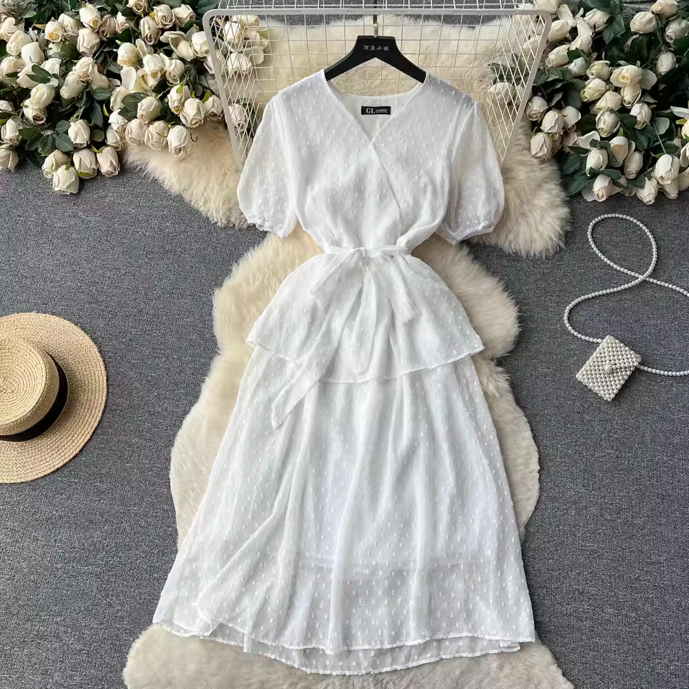 French V-Neck Puff Sleeve Summer Dress - Sweet Flowy Skirt for Women | Perfect for Beach Vacations, Date Nights & Outdoor Parties