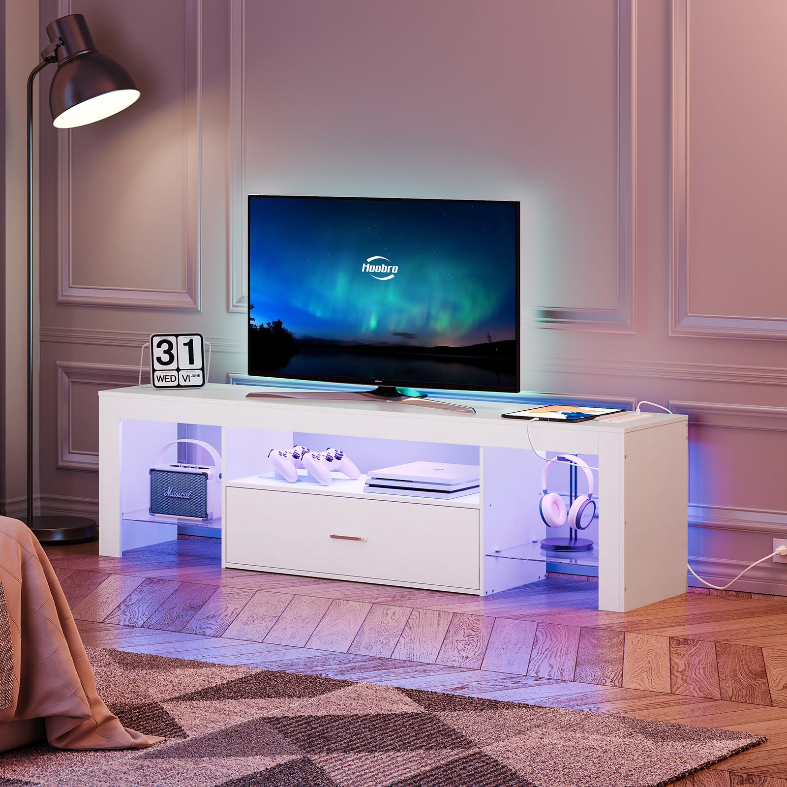 HOOBRO 65 inch LED TV Stand with Power Outlets, Modern Gaming Entertainment Center with Glass Shelves & Large Drawer, Media TV Console Table for Living Room Bedroom - Perfect for Movie Nights & Gaming Setup (White, Model WT14UDDS01)