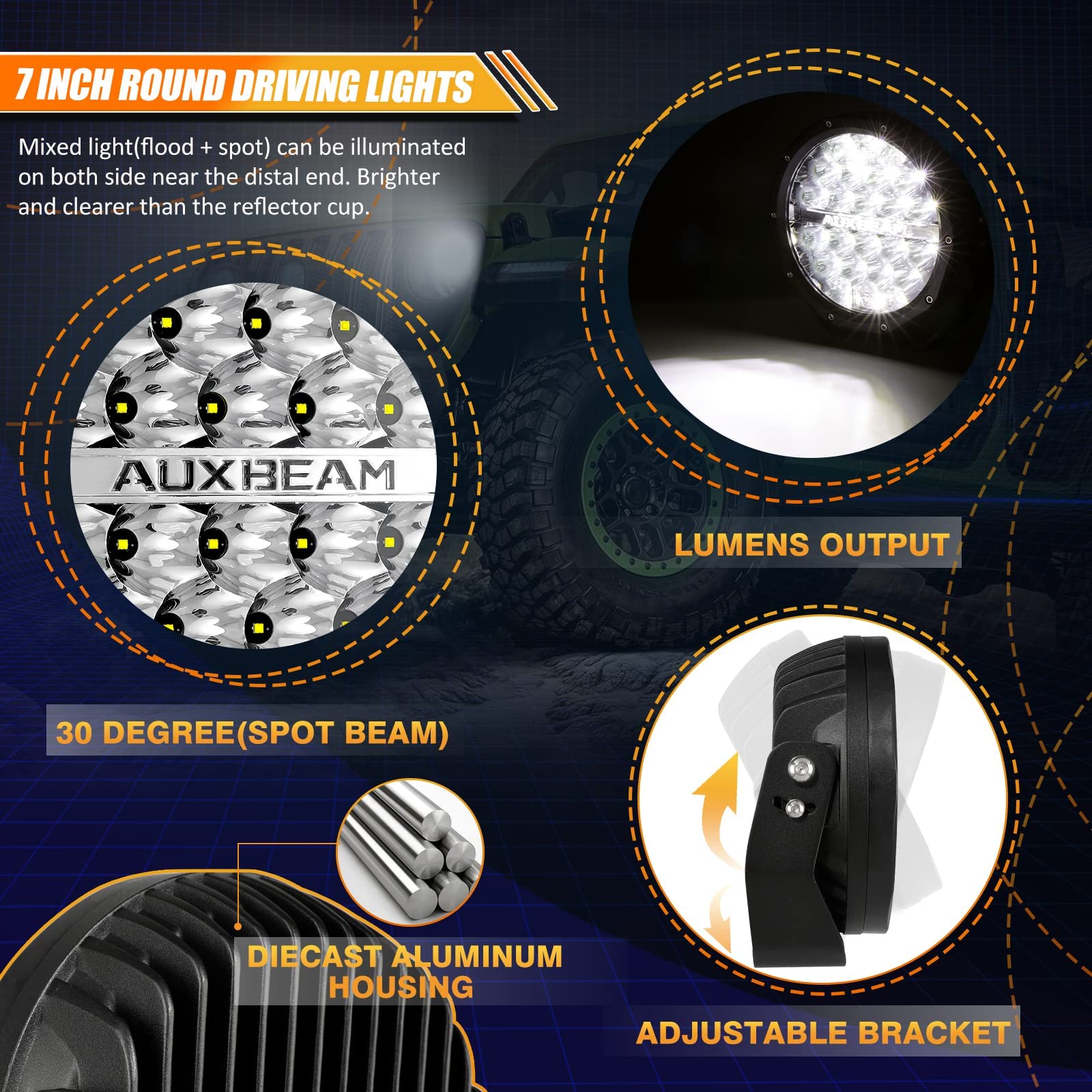 Auxbeam 7 Inch LED Round Driving Light 2PCS - 240W 24000 Lumens Waterproof Offroad Light Pods - Spot Light Bar for Trucks, Jeep Wrangler, Ford F150 - Perfect for Off-Roading, Camping & Night Driving