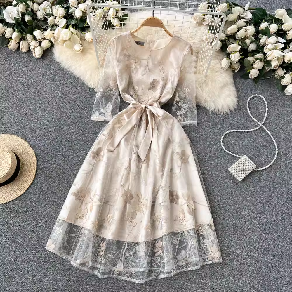 Elegant Embroidered A-Line Fairy Mesh Dress for Women - Flowy Summer Party Dress for Weddings, Garden Parties & Special Occasions