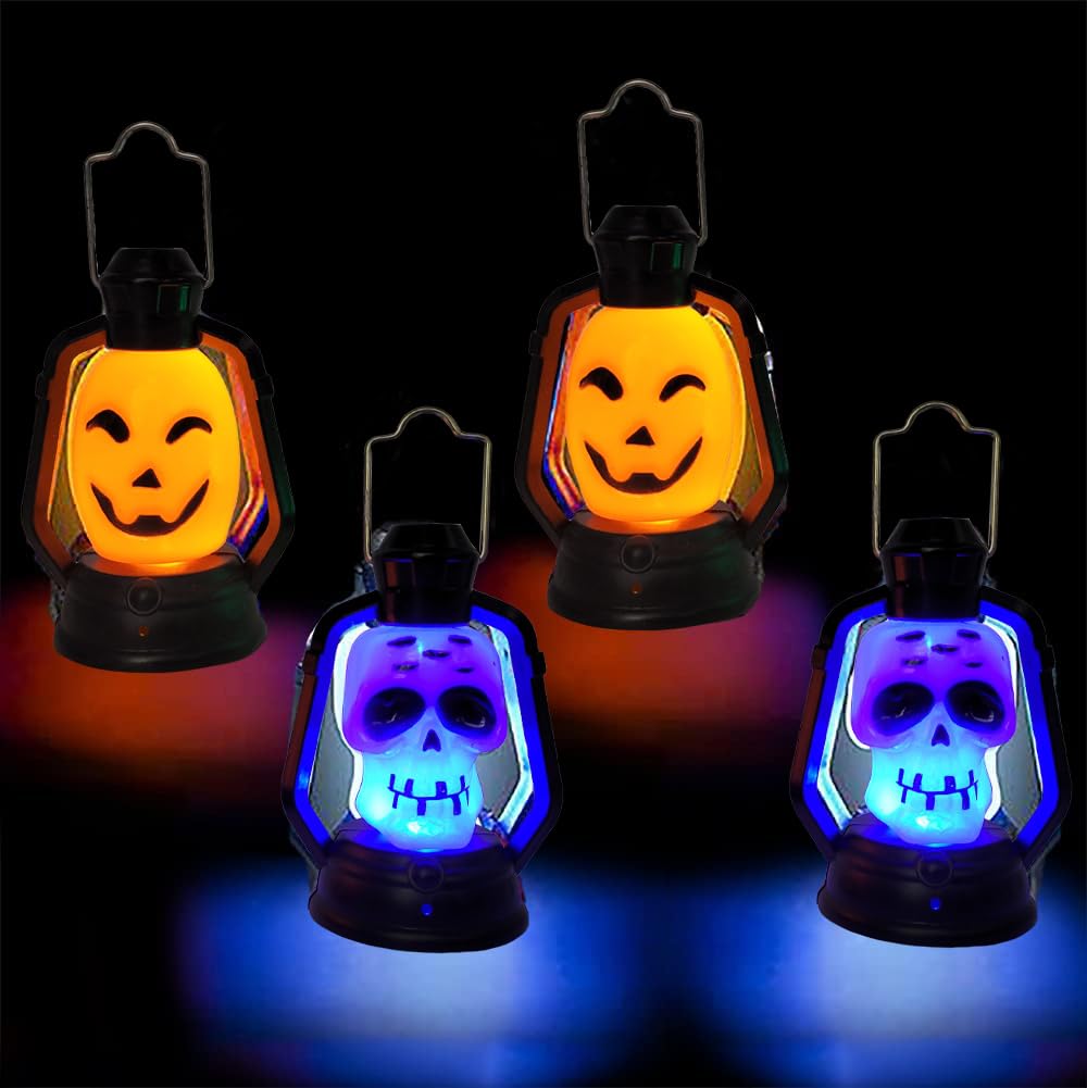 Halloween Mini Flashing LED Lanterns - 4 Pack Spooky Orange Pumpkin & Skeleton Handheld Lights for Trick or Treat, Party Decorations, Haunted House, and Outdoor Nighttime Events