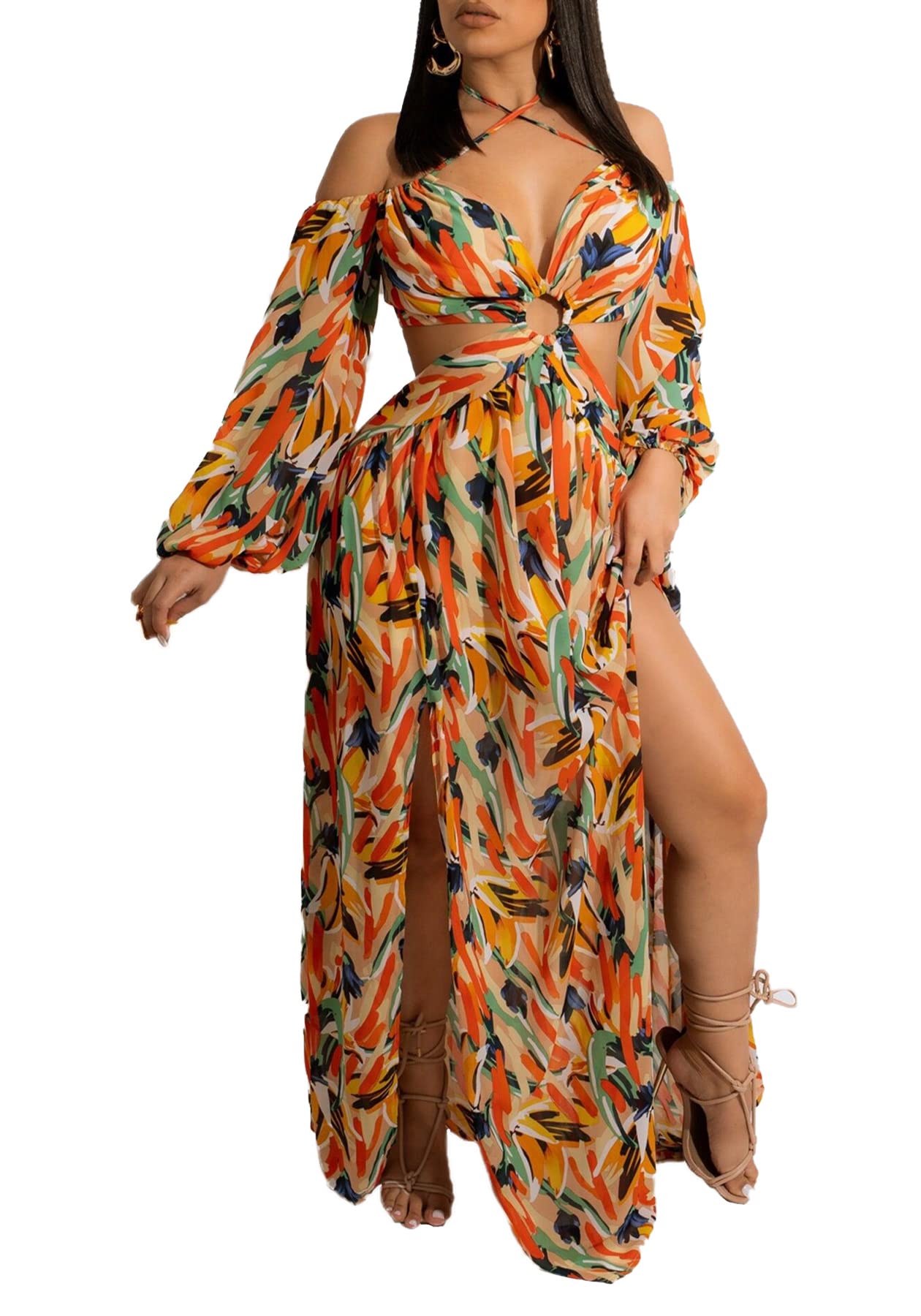 Tbahhir Women's Floral Print Off Shoulder Summer Maxi Dress - Plus Size Long Dress for Beach, Vacation & Casual Outings