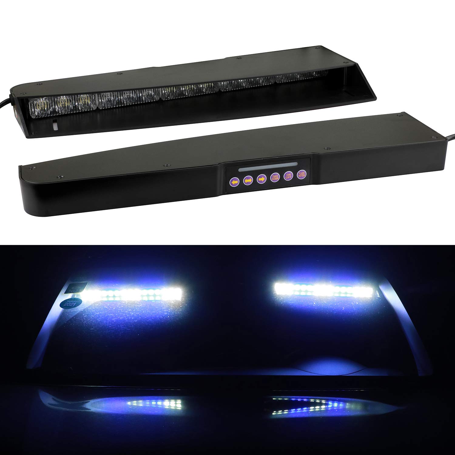 ASPL 2-15 LED Visor Light Bar with 29 Flash Patterns - Emergency Strobe Warning Light for Upper Windshield Split Mount (Blue/White) - Perfect for Police, Security, Construction & Hazard Vehicle Safety