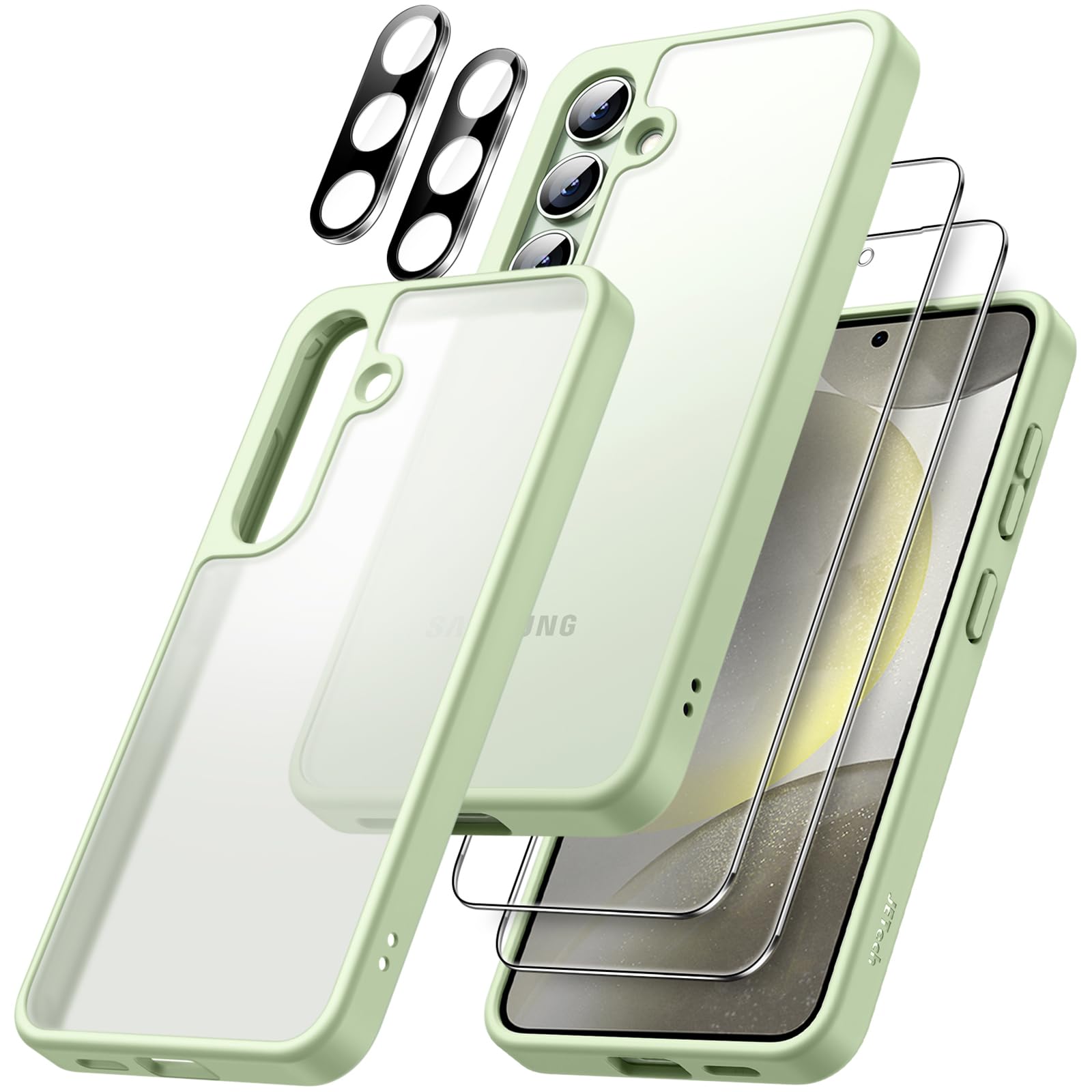 JETech 5-in-1 Matte Case for Samsung Galaxy S24+ / S24 Plus 5G - Shockproof Protective Phone Cover with 2-Pack Tempered Glass Screen Protectors & Camera Lens Protector, Translucent Back Design (Jade Green) | Perfect for Daily Use, Work & Outdoor Activities