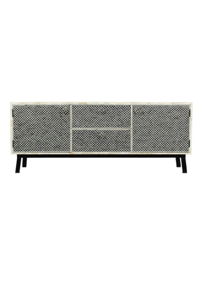Handmade Bone Inlay Media Console TV Stand - Vintage Boho Entertainment Unit for Living Room, Bedroom & Home Theater