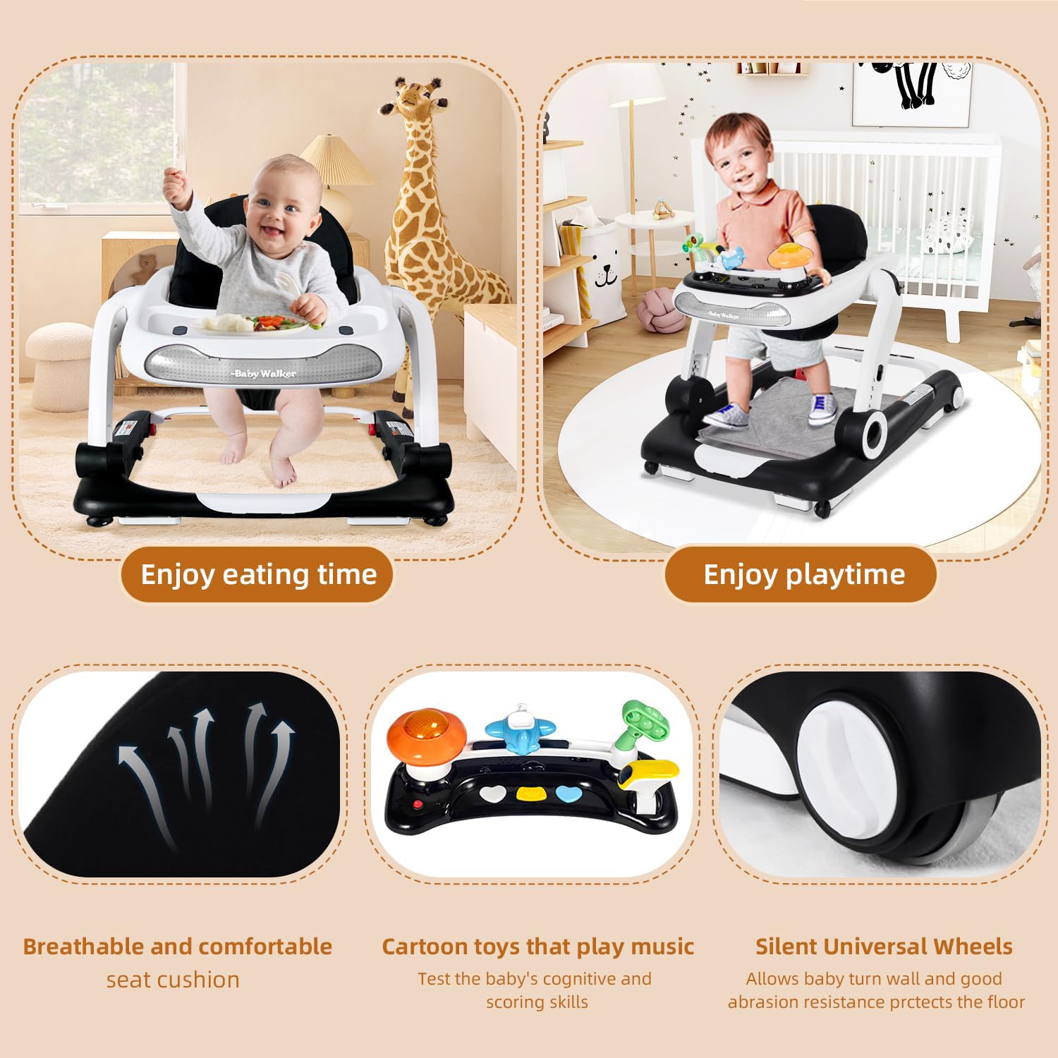 5-in-1 Adjustable Height Baby Walker with Music, Lights & Removable Toys - Activity Center & Bouncer for Boys & Girls 6-18 Months - Perfect for Learning to Walk & Playtime Fun