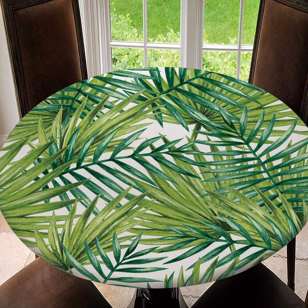 Watercolor Tropical Palm Leaf Round Elastic Tablecloth - Colorful Illustration with Natural Feelings - Fits 35