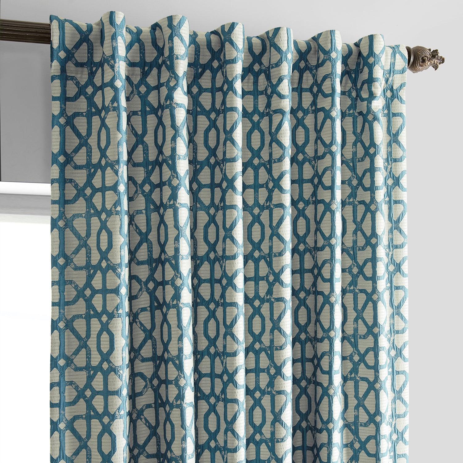Metro Teal Blue Geometric Faux Silk Jacquard Blackout Curtains for Living Room & Bedroom - Elegant Window Treatment for Light Control & Privacy