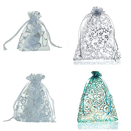 100PCS 4x6 Inch Sky Blue Floral Organza Gift Bags for Wedding Favors, Christmas Gifts, Jewelry Packaging - Small Drawstring Pouches for Party Decorations, Bridal Shower Favors & Holiday Gift Wrapping