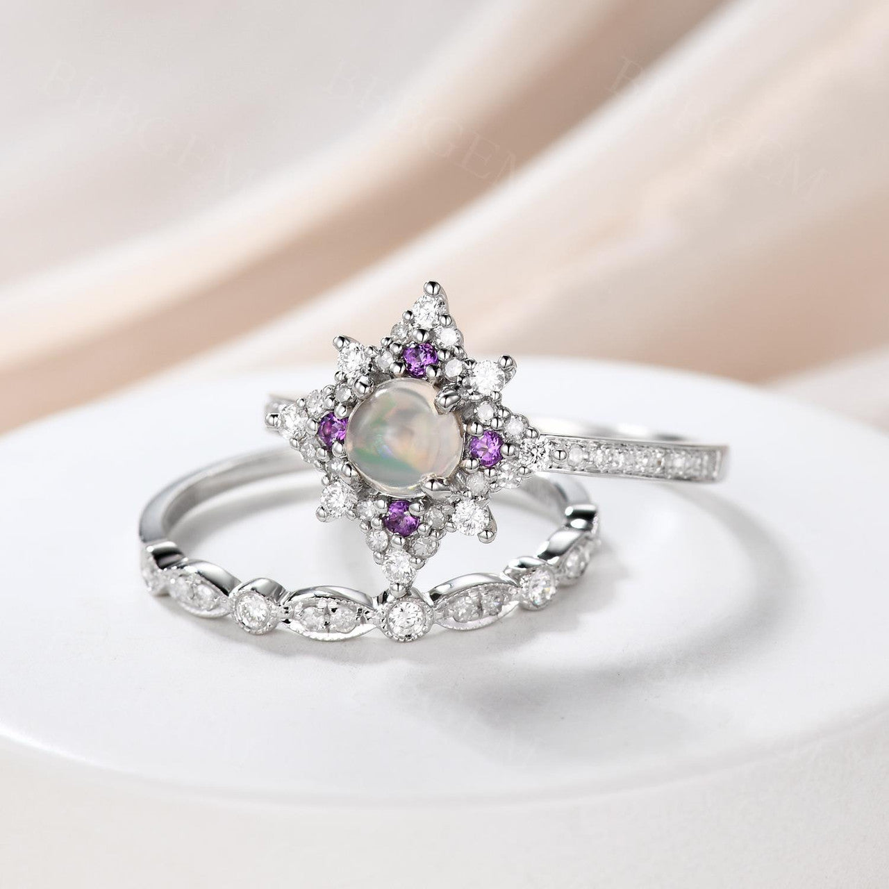 Stunning Fire Opal Engagement Ring Set with Amethyst & Diamonds | Vintage-Inspired Opal Wedding Ring for Women | Perfect for Proposals, Anniversaries & Special Occasions