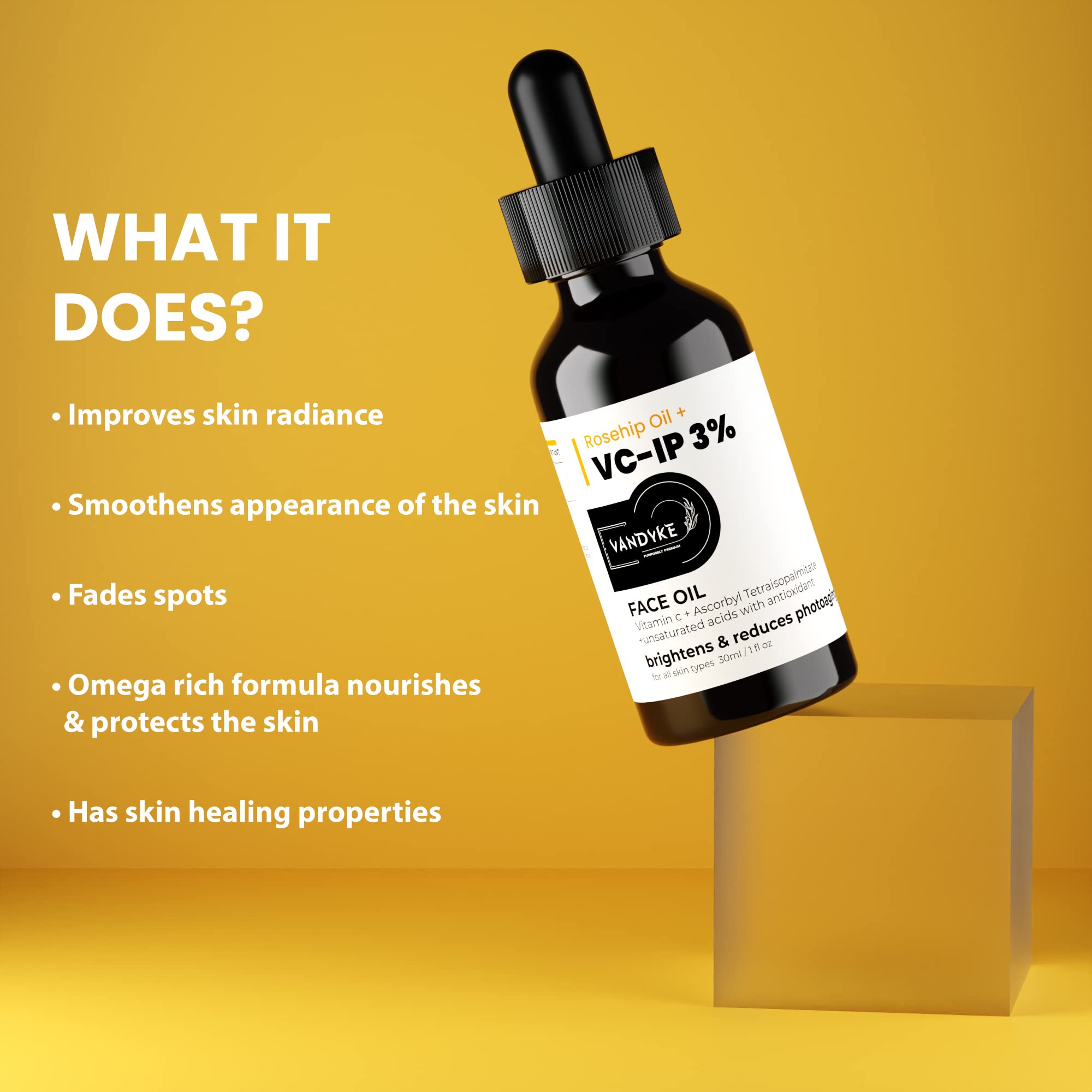 Vandyke 0.3% Pure Rosehip Oil for Face - Vitamin C Skin Brightening Serum (30ml) | Anti-Aging & Dark Spot Treatment | Day & Night Moisturizer for Glowing Skin
