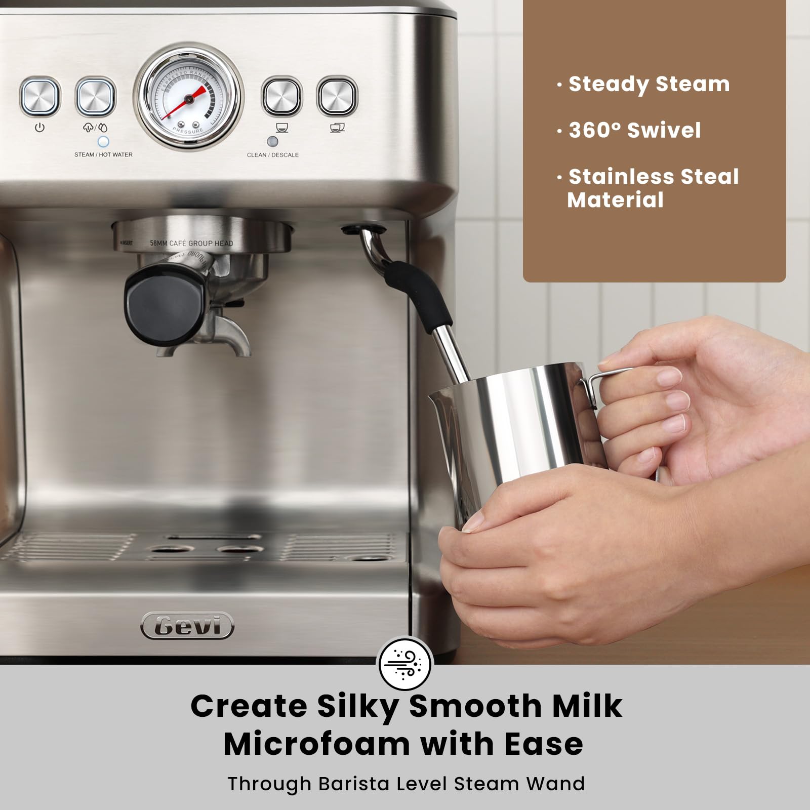 Gevi EzBru 1000C 20 Bar Professional Espresso Machine with Pressure Gauge & Milk Frother - Adjustable Temperature & Shot Volume for Latte, Cappuccino - Perfect for Home Baristas & Coffee Shops