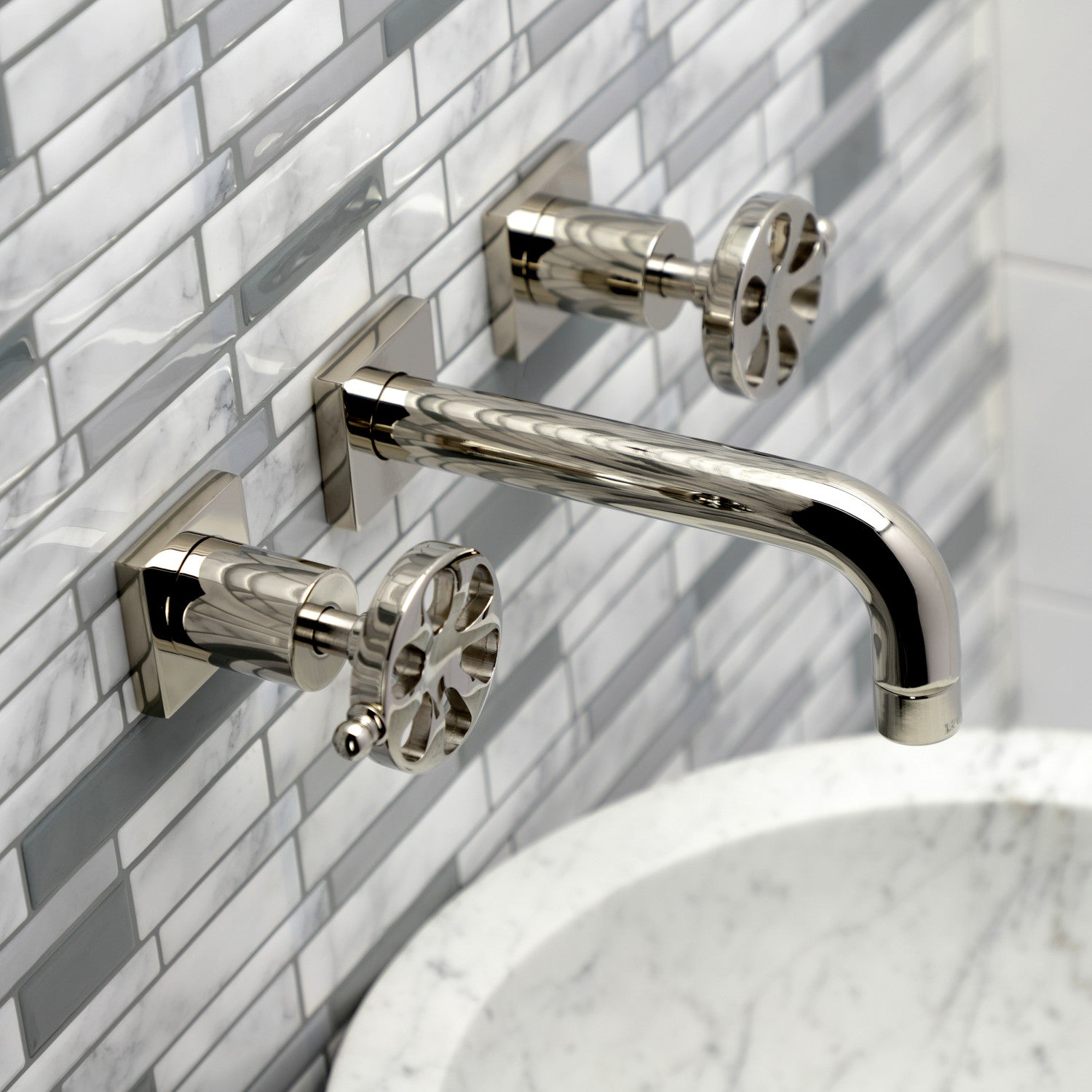 Belknap KS6126RX 3-Hole Wall Mount Bathroom Faucet with Double Handles in Polished Nickel - Perfect for Modern Bathroom Vanities and Powder Rooms