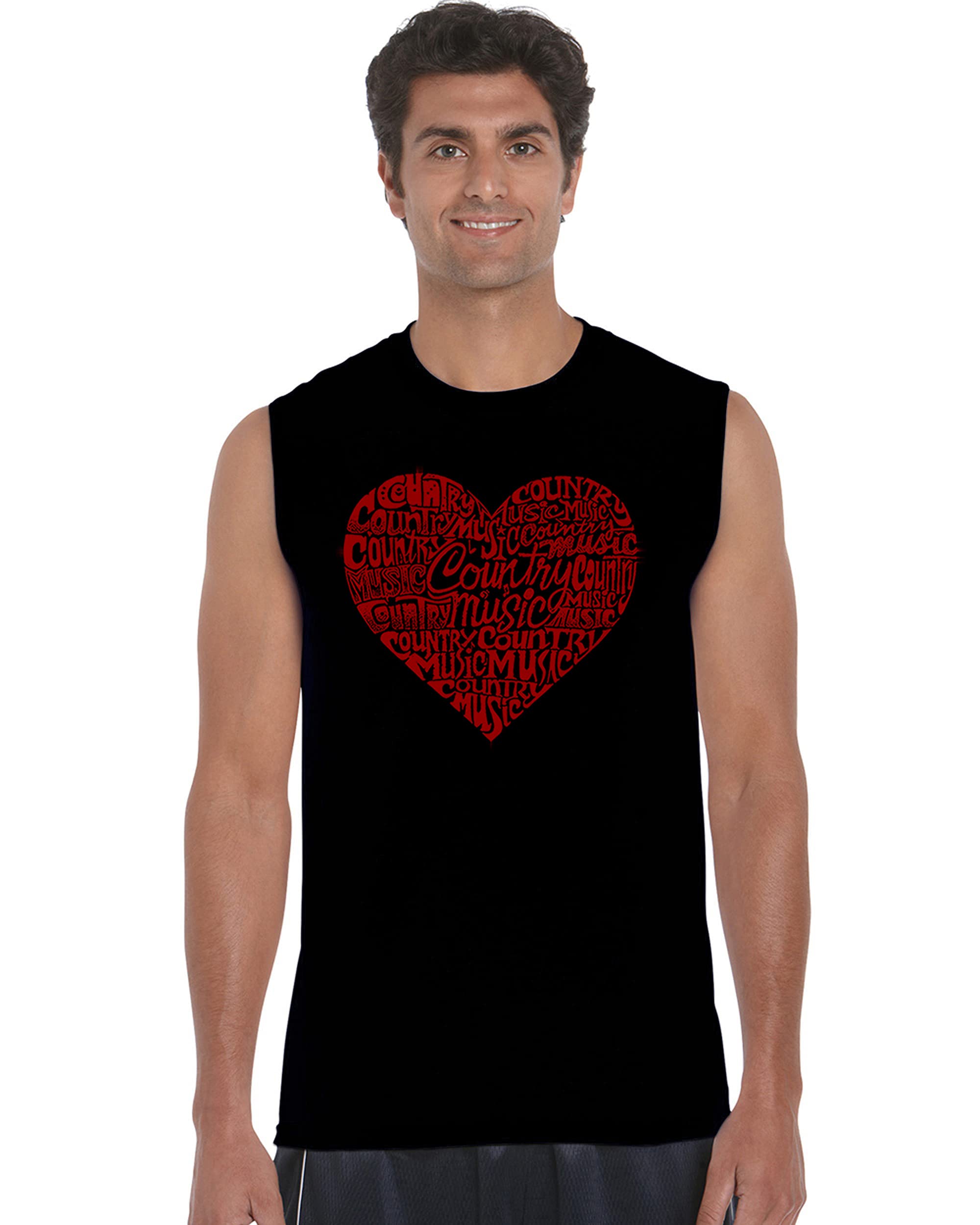 LA POP ART Men's Word Art Sleeveless T-Shirt - Country Music Heart Design Graphic Tee for Concerts & Summer Outfits