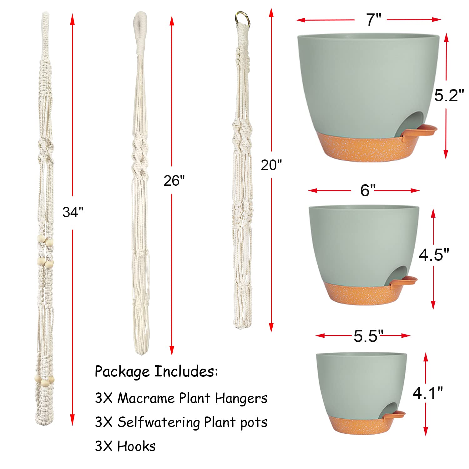 Self Watering Hanging Planters for Indoor Plants - 3 Pack Macrame Plant Hangers with Drainage Holes, Pots & Hooks - Perfect for Home, Garden, Balcony & Office Decor - Ideal for Pothos, Spider Plants & Succulents