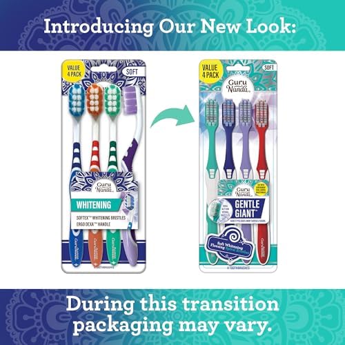 GuruNanda Gentle Giant Toothbrush with Dual Action Flossing Spiral Bristles - Ergonomic Non-Slip Grip for Effective Teeth Whitening - BPA Free (4 Pack) - Perfect for Travel, Home & Office Use