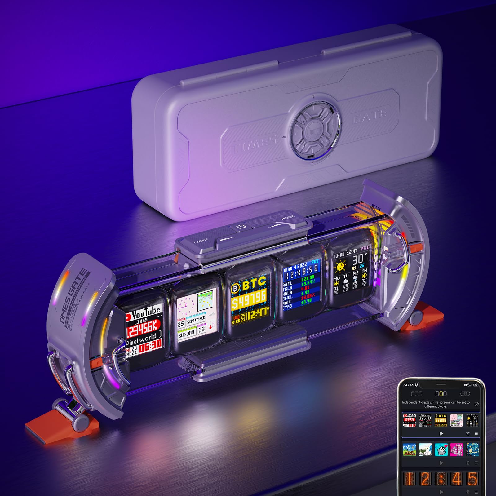 Divoom Times Gate - Cyberpunk Digital Alarm Clock with Smart APP Control, WiFi Connectivity, RGB LED Display, Custom Dashboard & Pixel Art - Perfect for Gaming Room, Office & Bedroom Decor (Silver)