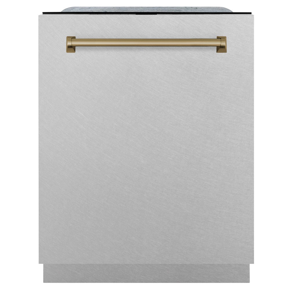 ZLINE Autograph Edition 24-inch Monument Series Dishwasher with 3rd Rack, Top Touch Controls, Tall Tub - Satin Stainless Steel Panel & Champagne Bronze Handle, Ultra Quiet 45dBa (DWMTZ SN 24 CB) - Perfect for Modern Kitchens, Open Concept Homes, and Luxury Condos