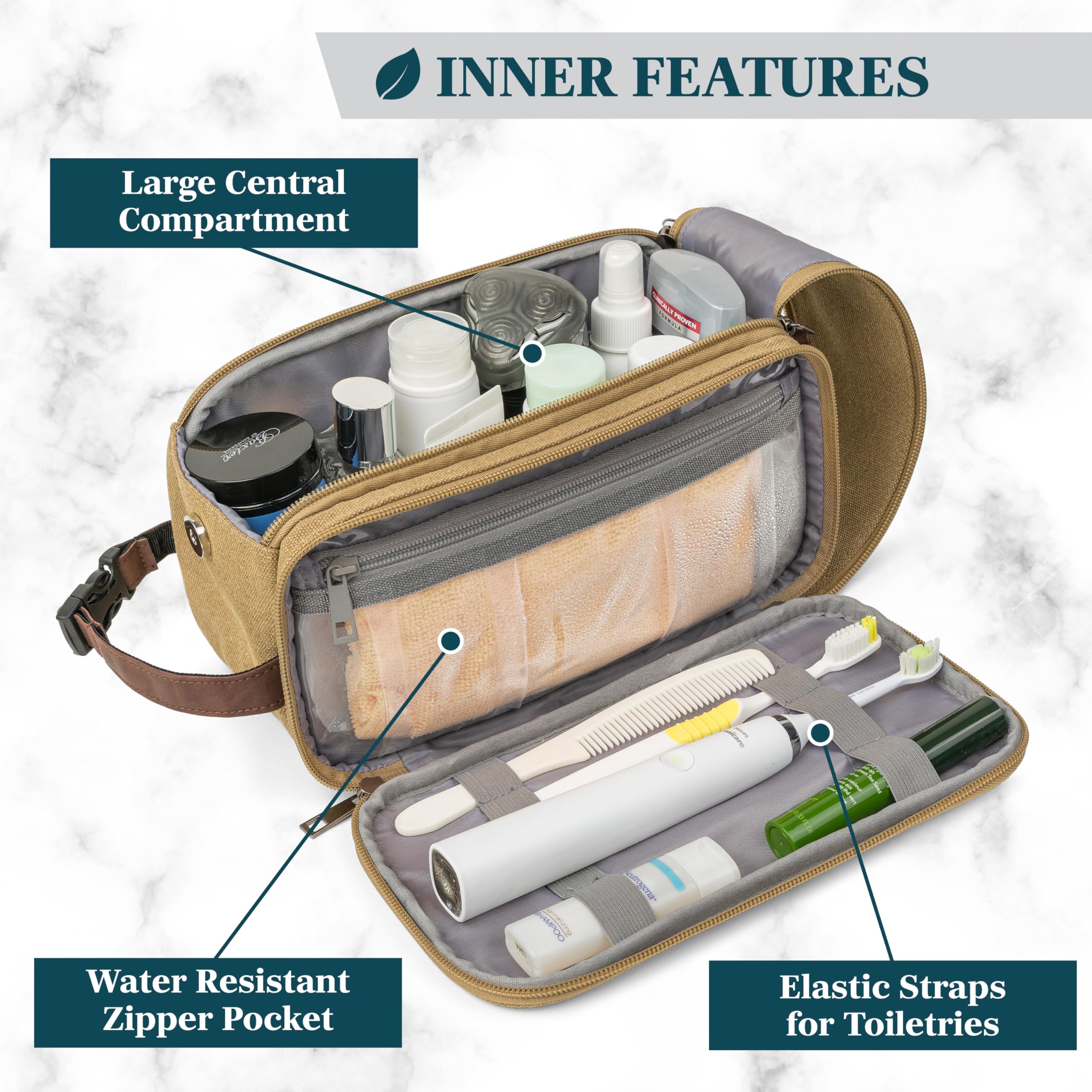 PAVILIA Men's Waterproof Canvas Toiletry Bag - Travel Dopp Kit & Shaving Kit Organizer with Multiple Pockets (Tan Khaki) - Ideal for Business Trips, Gym, Camping & Vacation Essentials Storage
